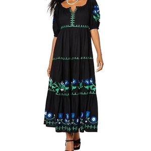 Roller Rabbit, Anthropologie 
Floral Embroidered Puffed Sleeve Tiered Maxi Dress